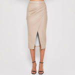 Leather look gathered wrap midi skirt, view 3
