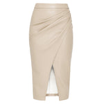 Leather look gathered wrap midi skirt in Beige, view 5