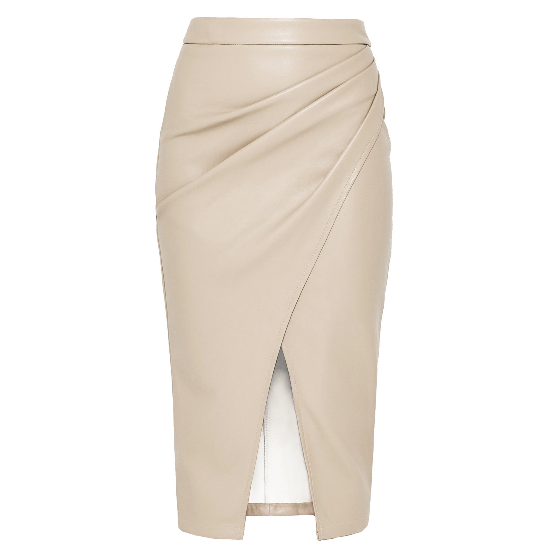 Leather look gathered wrap midi skirt in Beige, view 5
