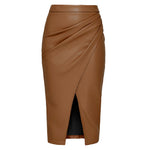 Leather look gathered wrap midi skirt in Brown, view 6