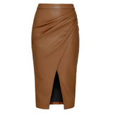 Leather look gathered wrap midi skirt in Brown, view 6