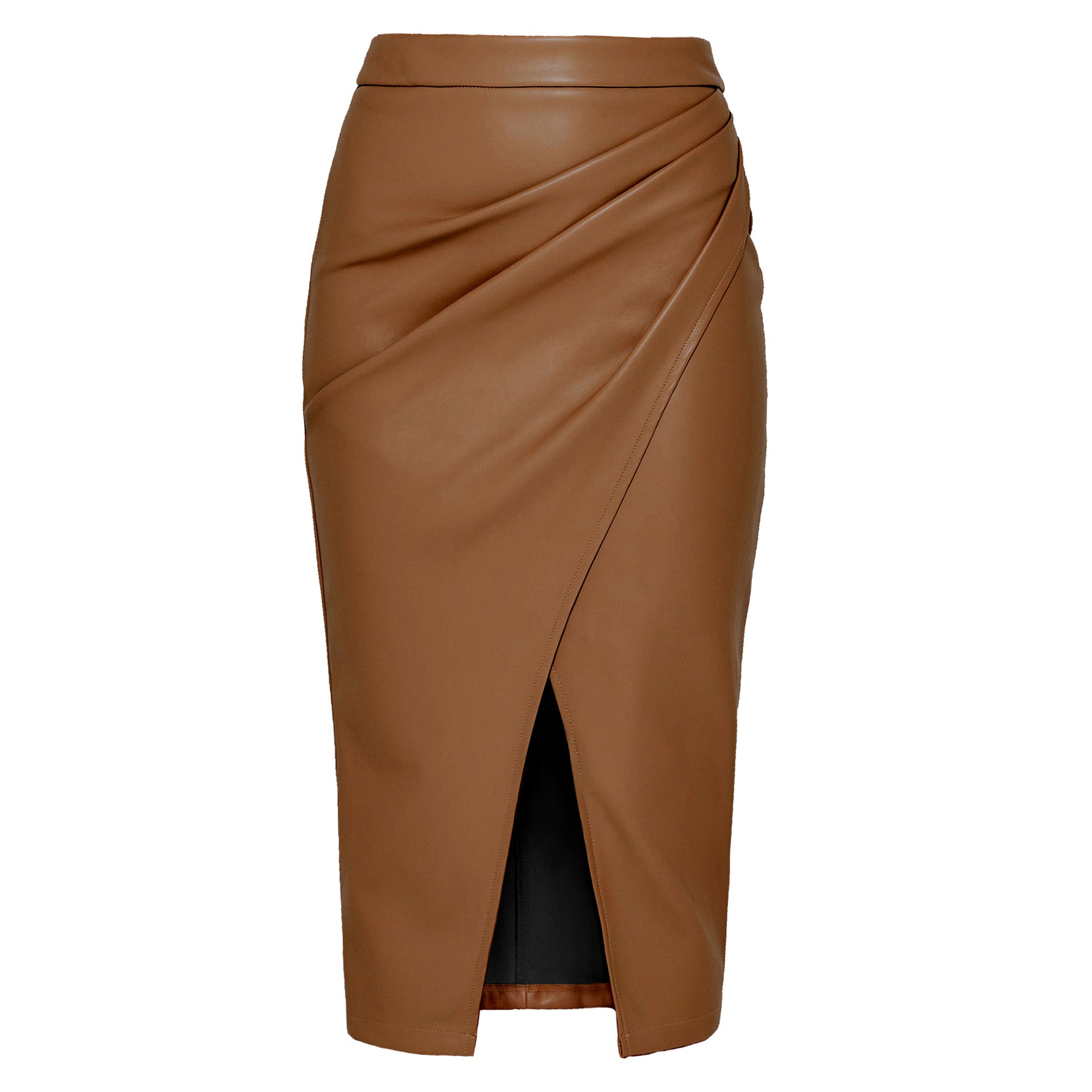 Leather look gathered wrap midi skirt in Brown, view 6