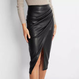 Leather look gathered wrap midi skirt in Black, front view