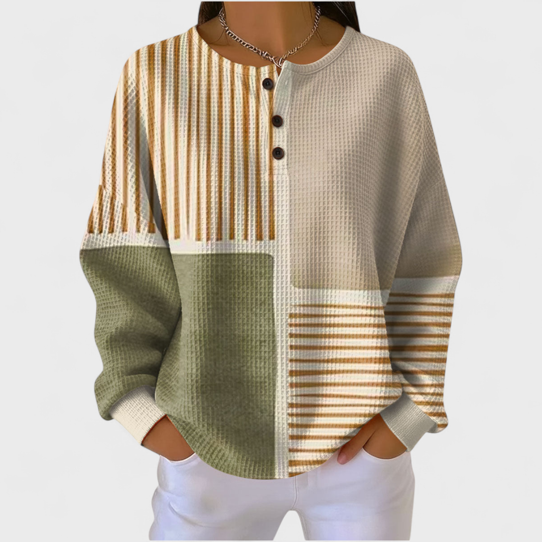 Luna beige striped patchwork jumper in Multicolour, front view