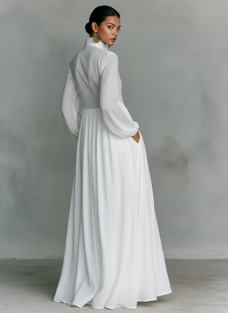 Patchwork linen maxi dress with stand collar, view 7