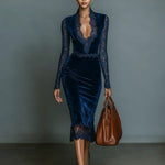 Velvet V neck lace midi dress, view 3
