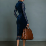 Velvet V neck lace midi dress, view 4