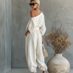 Linen off-shoulder top and trouser set, view 5