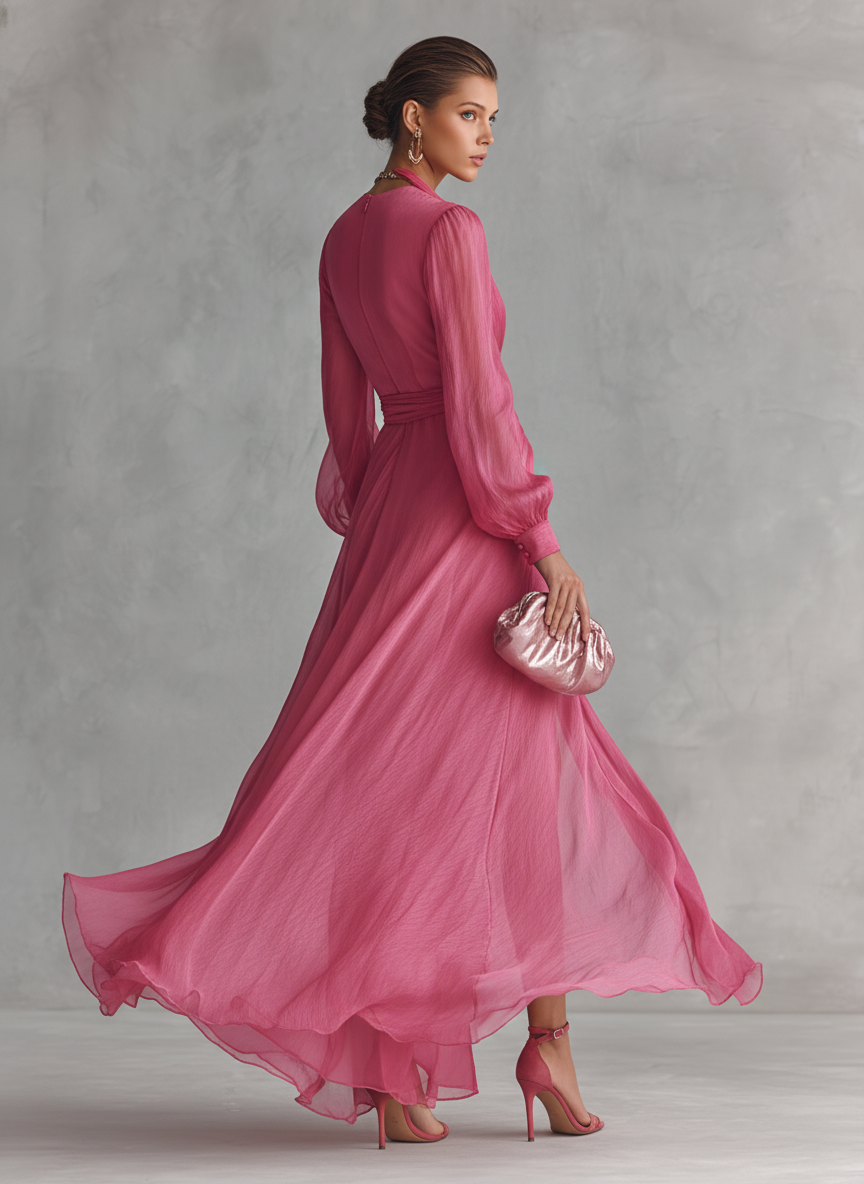Pink chiffon V neck maxi dress, view 5