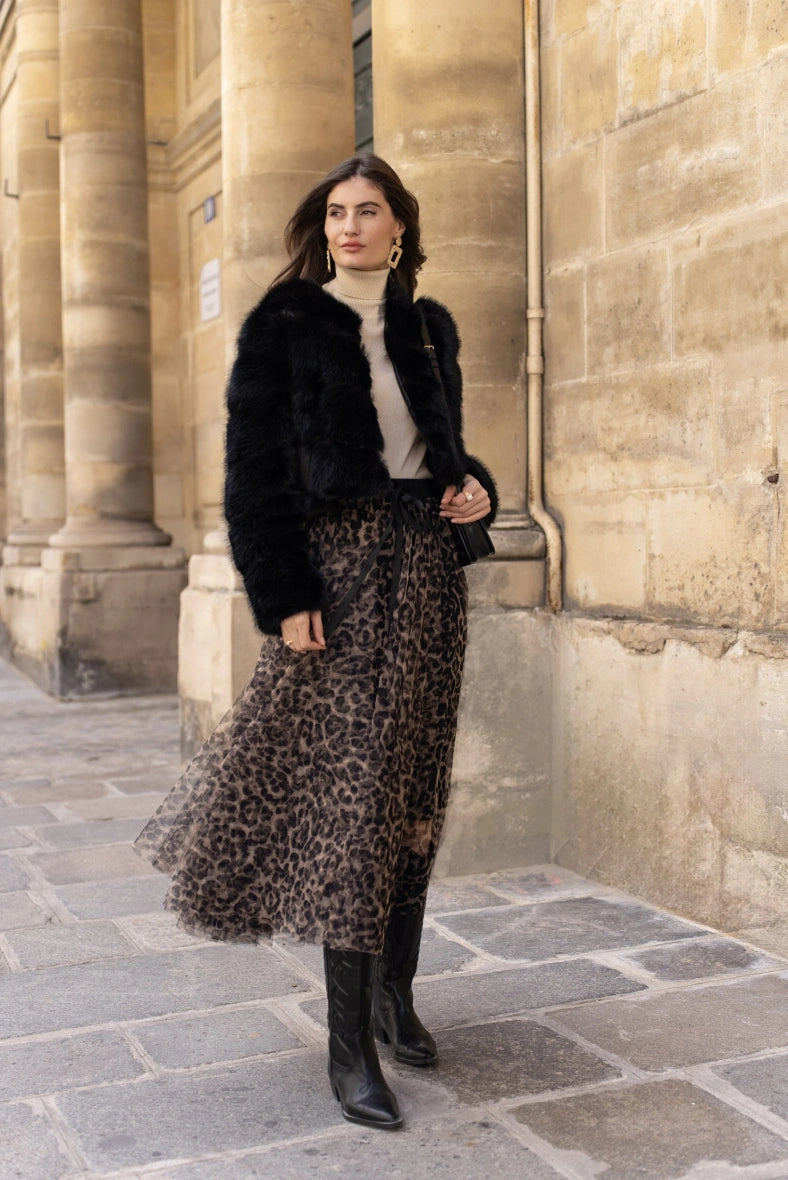 Leopard print tulle maxi skirt in Beige, front view