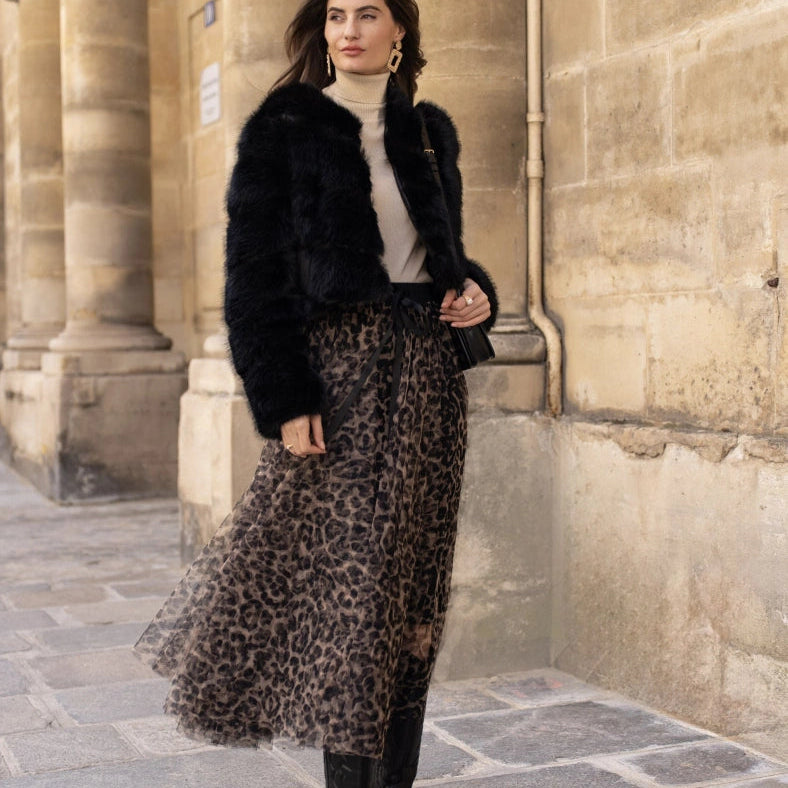 Leopard print tulle maxi skirt in Beige, front view