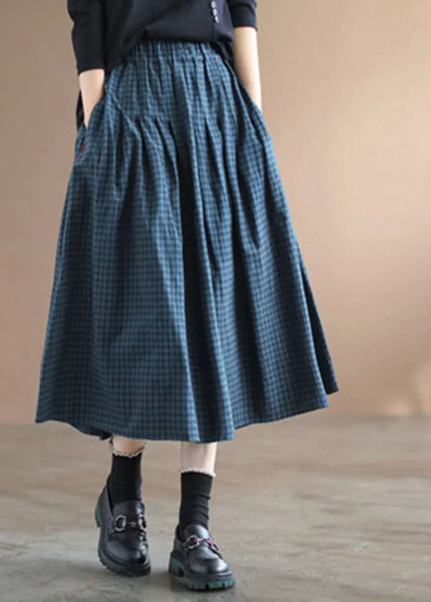 Swishy check skirt with stretch waist in Blue, front view
