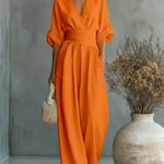 Maja V Neck High Waisted Jumpsuit in Orange, view 6