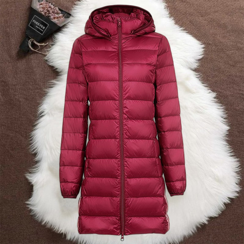 Helsa long dark red puffer jacket, view 2