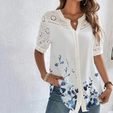 Vivian lace detail printed blouse in Dark Blue Flowers, view 6