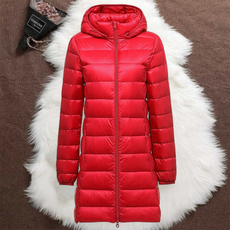 Helsa long red puffer jacket, view 2