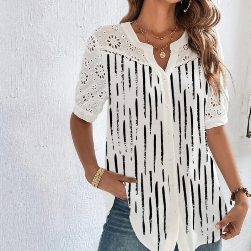 Vivian lace detail printed blouse in Black Stripes, view 4