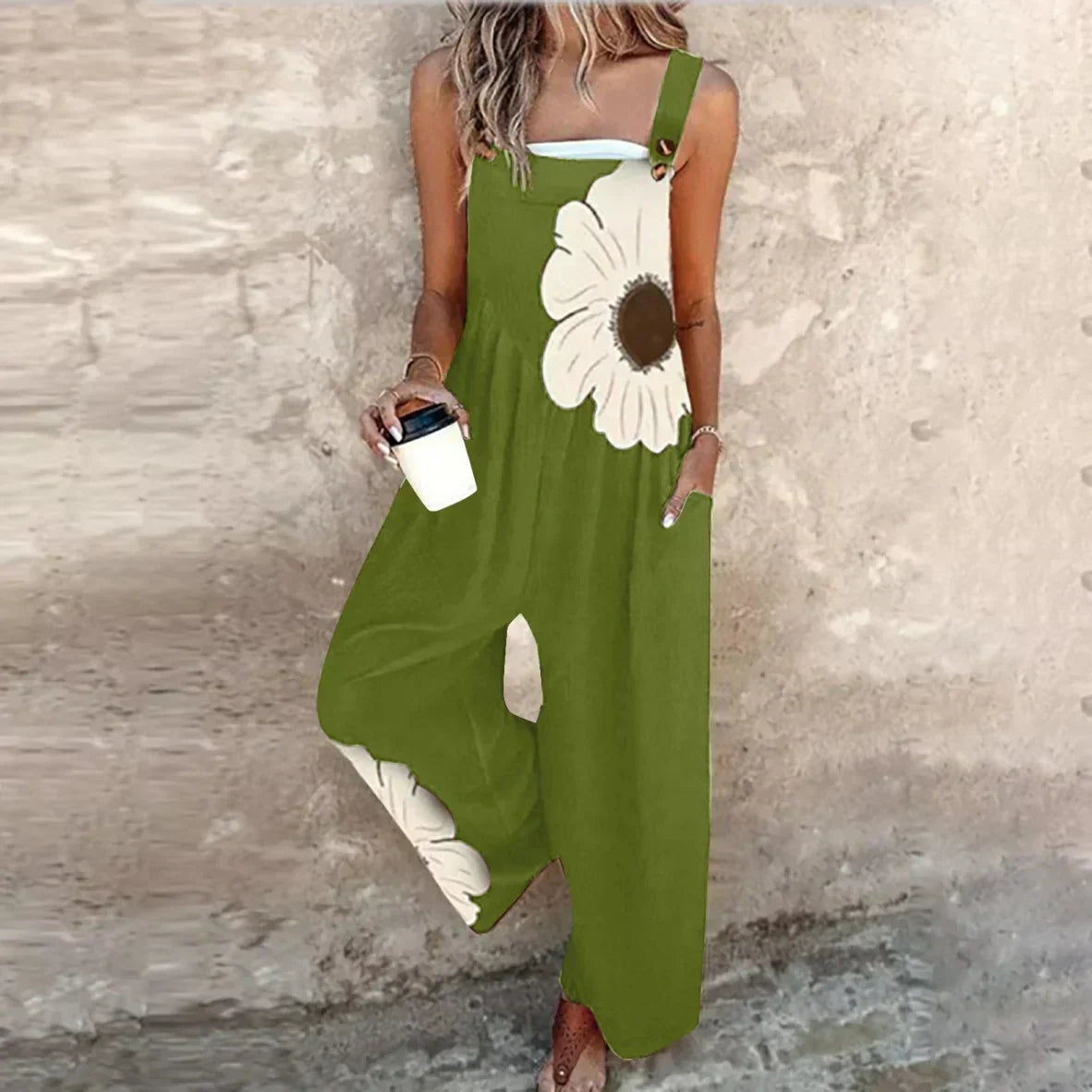 Comfortable Large Daisy Print Dungarees in Green, view 7
