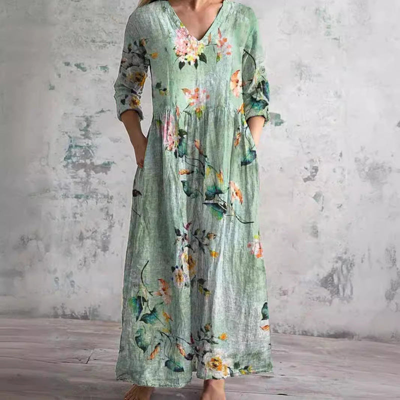 Maya floral summer dress in Green, front view