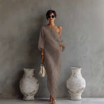 Aurora one shoulder linen maxi dress in Khaki, view 3