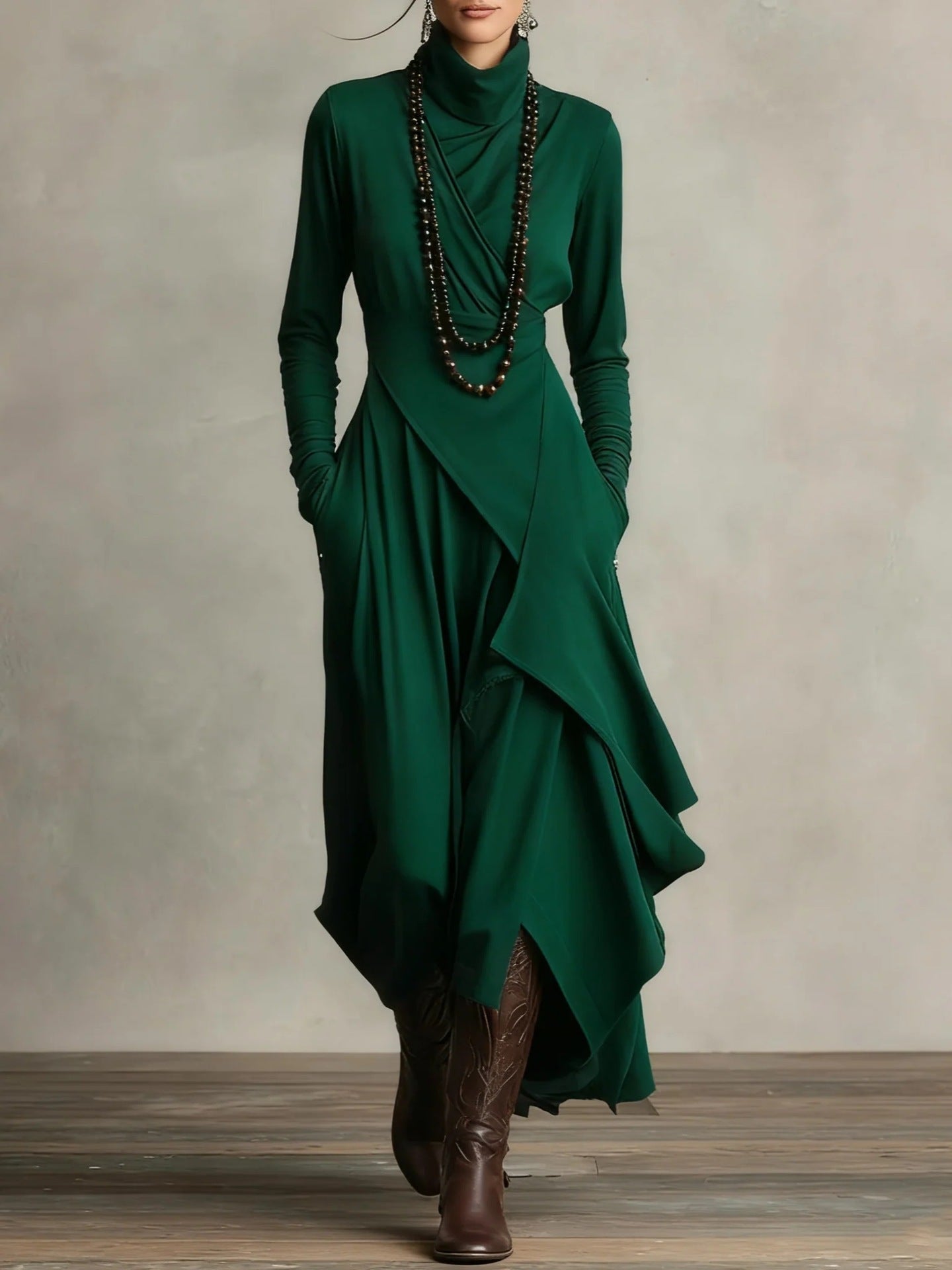 Natalie draped turtleneck knit dress in Green, view 10
