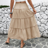 Bohemian pleated tiered maxi skirt in Khaki, view 3
