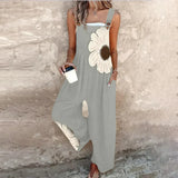 Comfortable Large Daisy Print Dungarees in Grey, view 10