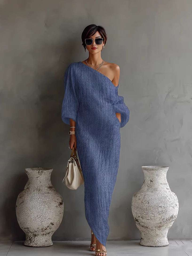 Aurora one shoulder linen maxi dress in Blue, view 4