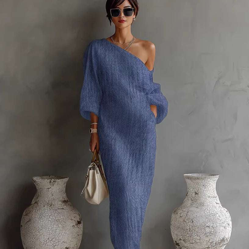 Aurora one shoulder linen maxi dress in Blue, view 4