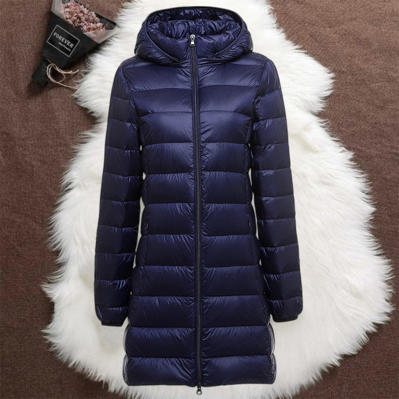 Helsa long navy puffer jacket, view 2