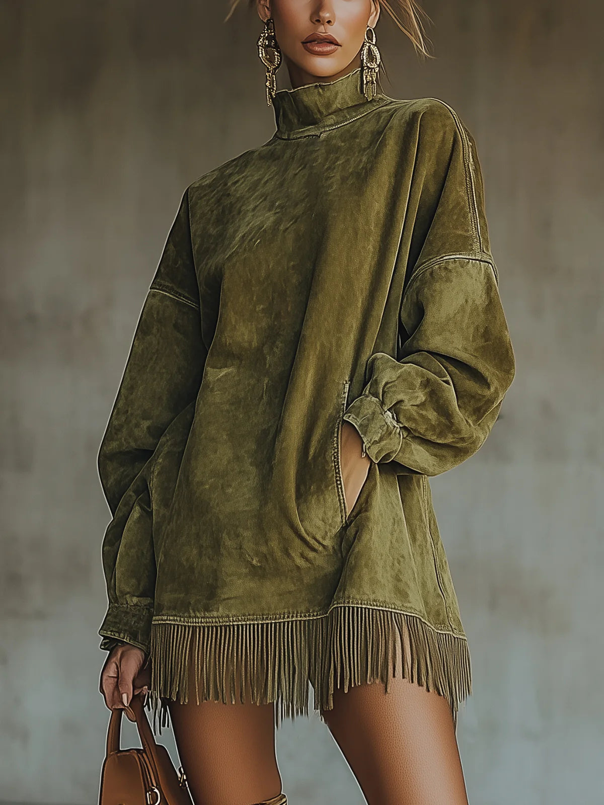 Amalia suede look dress with fringe hem in Green, front view