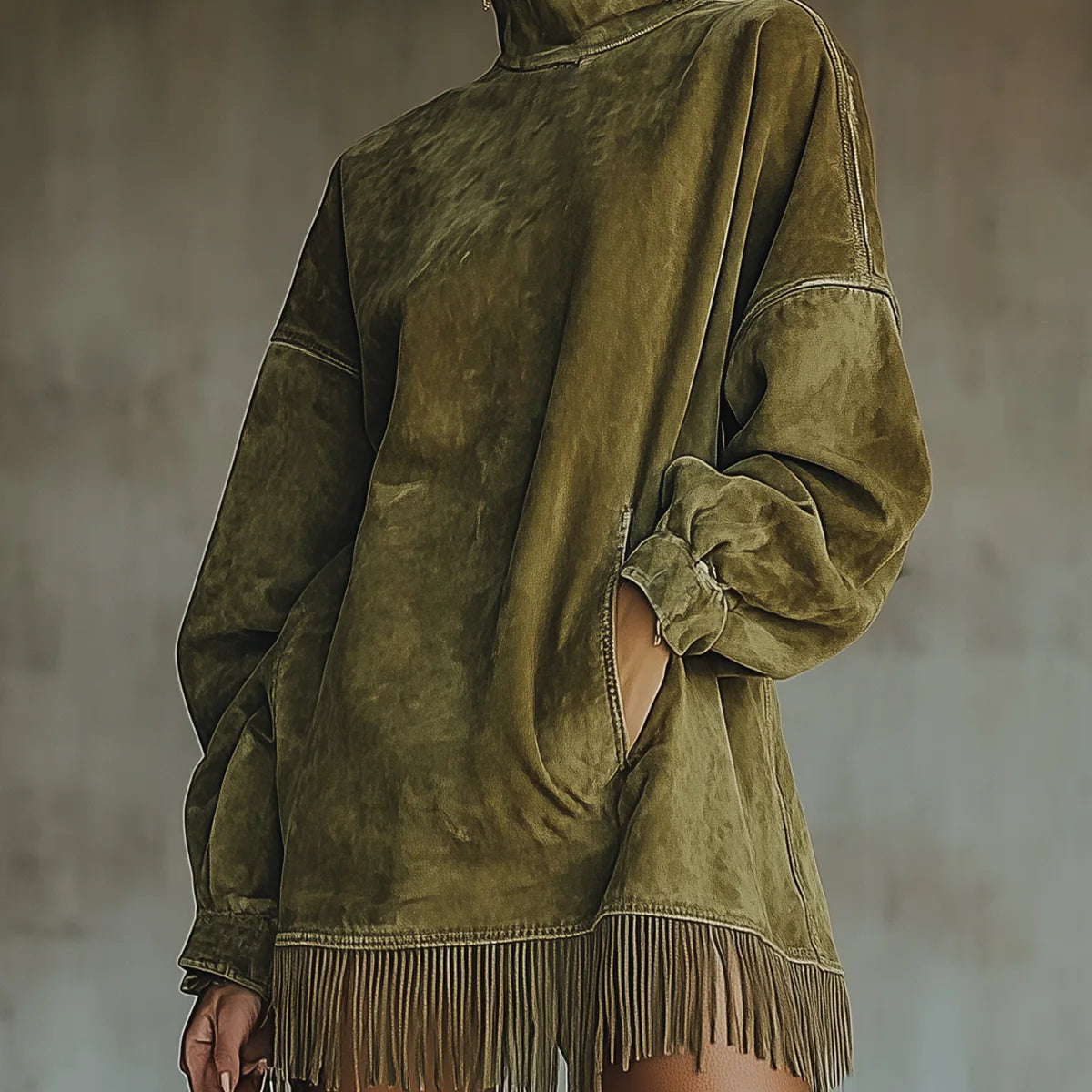 Darcie Suede Fringe Turtleneck Dress in Green, view 2