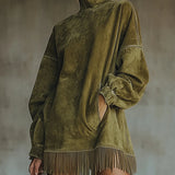 Darcie Suede Fringe Turtleneck Dress in Green, view 2