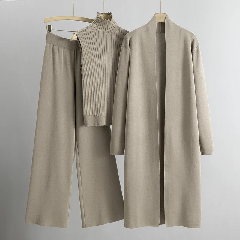 Linda three-piece cardigan, top and trouser set in Beige, front view