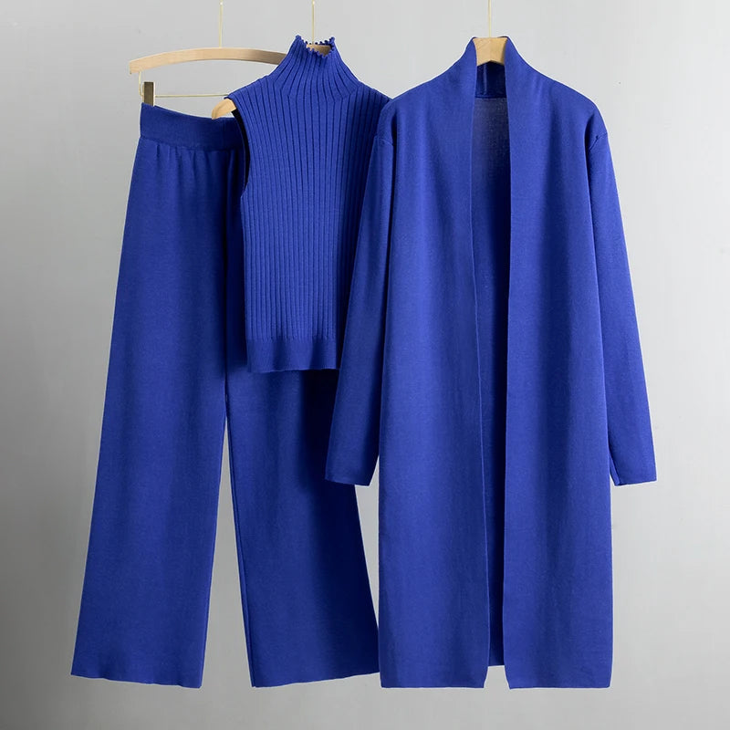 Linda three-piece cardigan, top and trouser set in Blue, view 10