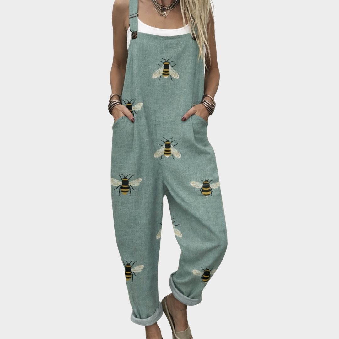 Comfortable Sage Bee Print Dungarees, front view