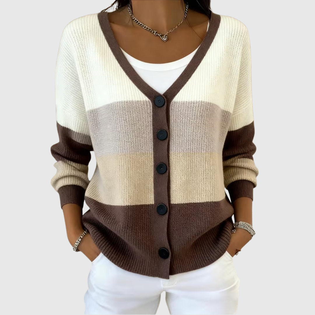 Joanna cream and brown colour block cardigan, front view