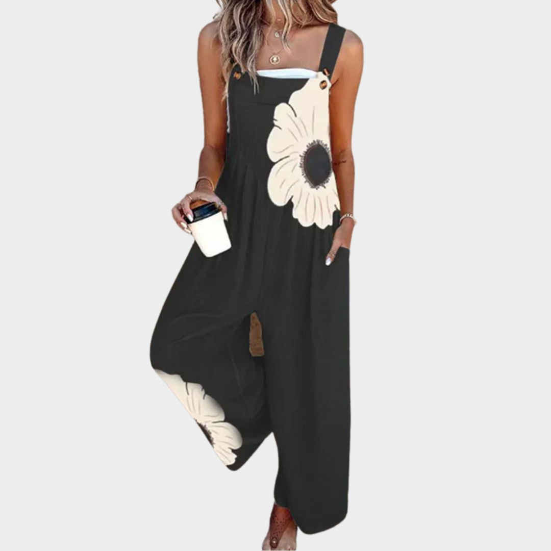 Comfortable Large Daisy Print Dungarees, front view
