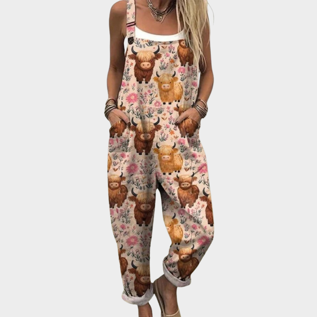 Comfortable Pink Highland Cow Print Dungarees, front view