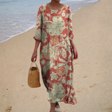 Coral Floral flowing long dress, front view