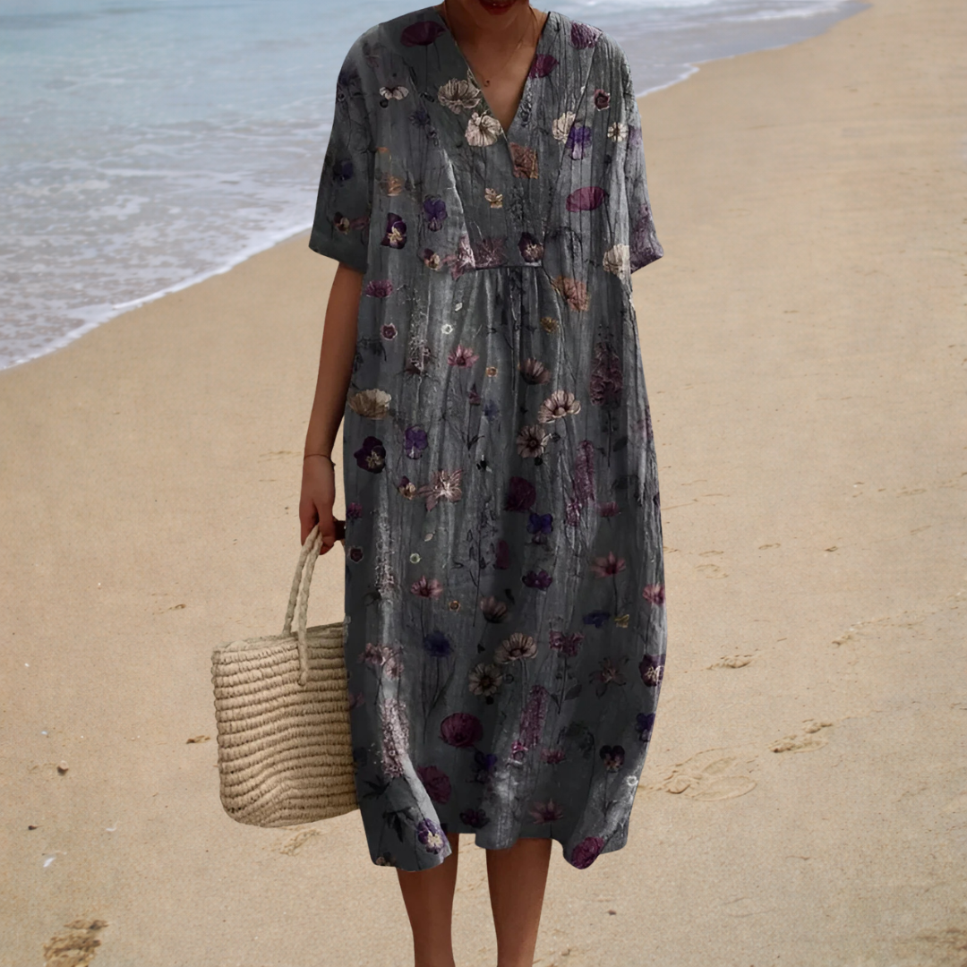 Comfortable Summer Dress, charcoal floral, front view