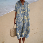 Comfortable Summer Dress, blue toile floral, front view