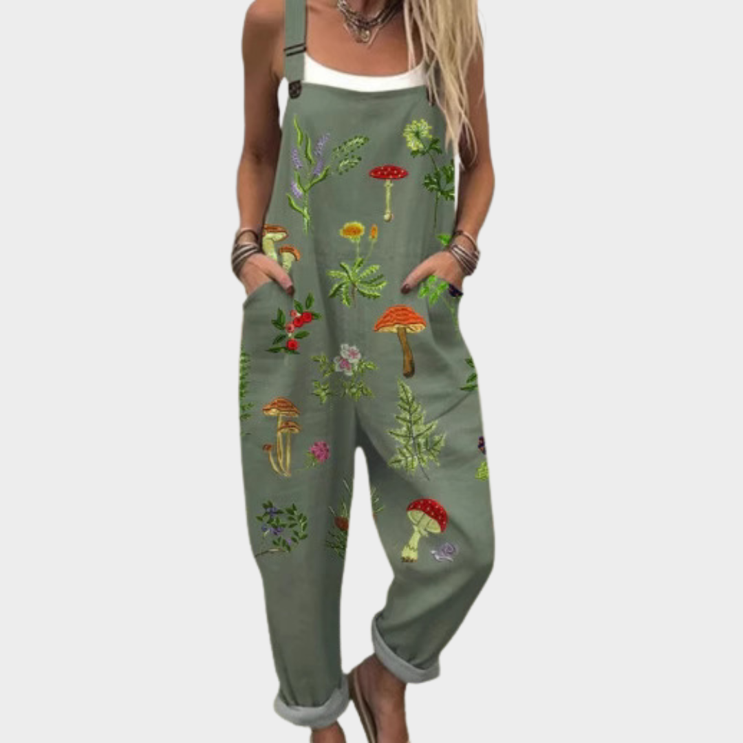 Mushroom print dungarees, front view