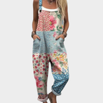 Patchwork floral dungarees, front view