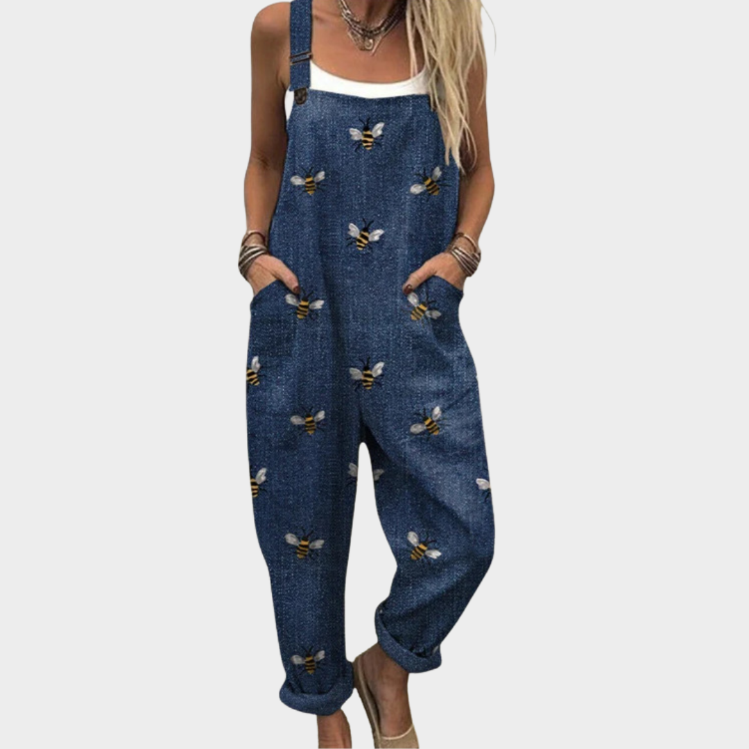 Comfortable Navy Bee Print Dungarees, front view