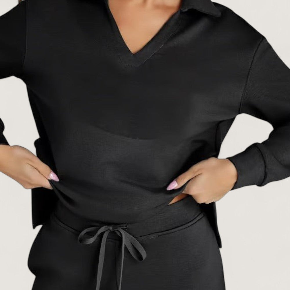 Freya polo collar lounge set in Black, view 2