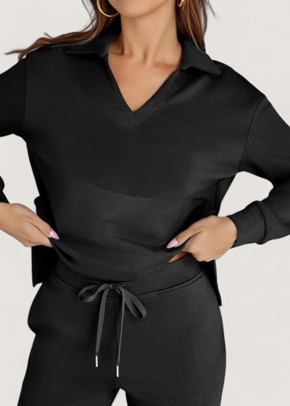 Freya polo collar lounge set in Black, view 2