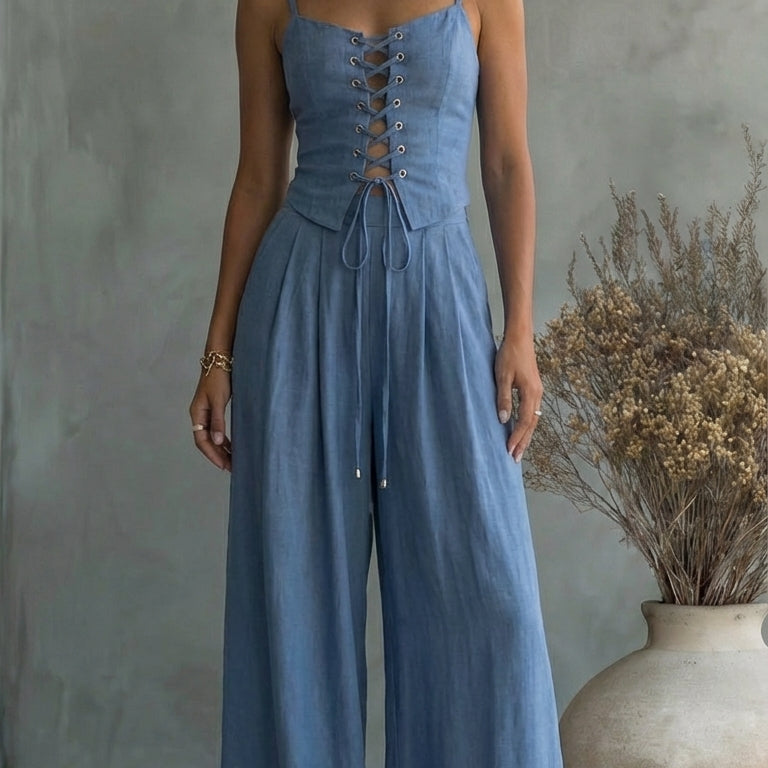 Mika summer top and wide-leg trouser set in Blue, view 2