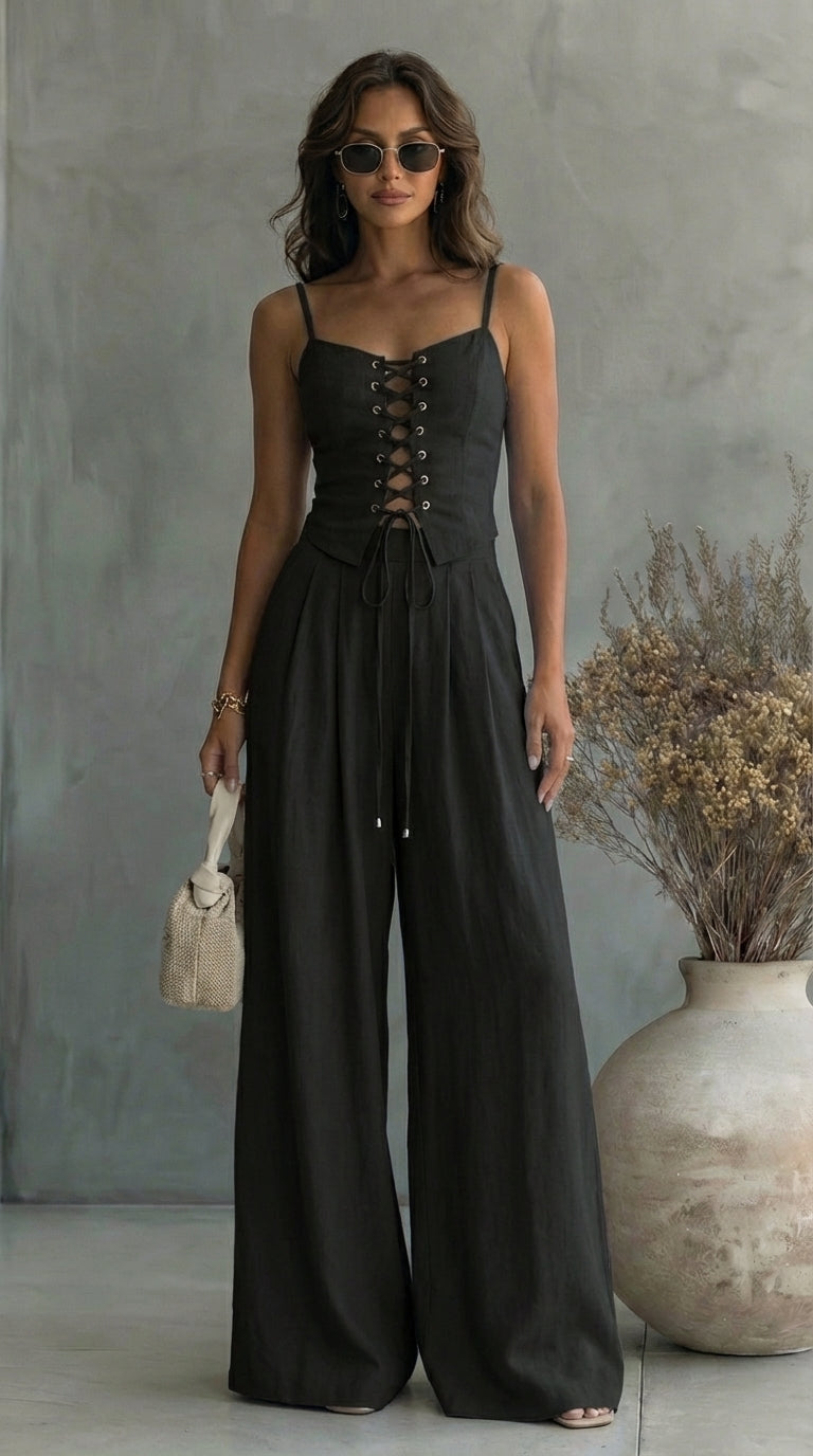Mika summer top and wide-leg trouser set in Black, view 3