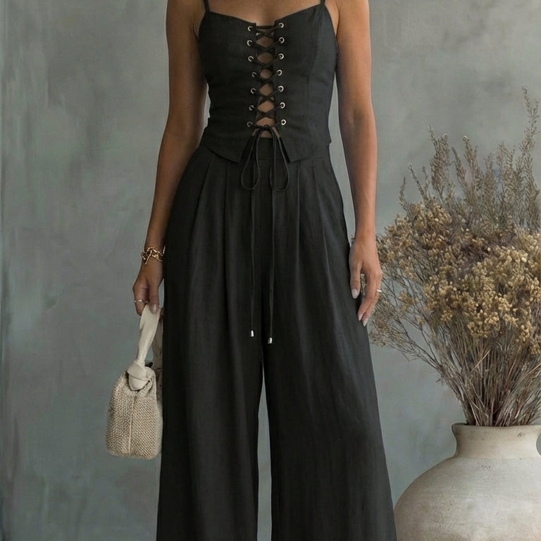 Mika summer top and wide-leg trouser set in Black, view 3